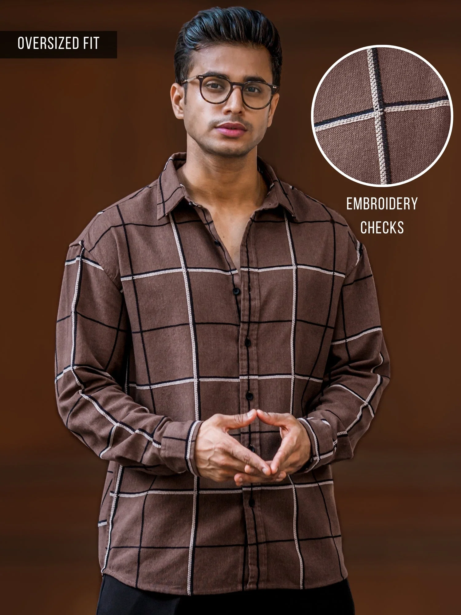 Embroidery Checks Brown Full Sleeve Shirt